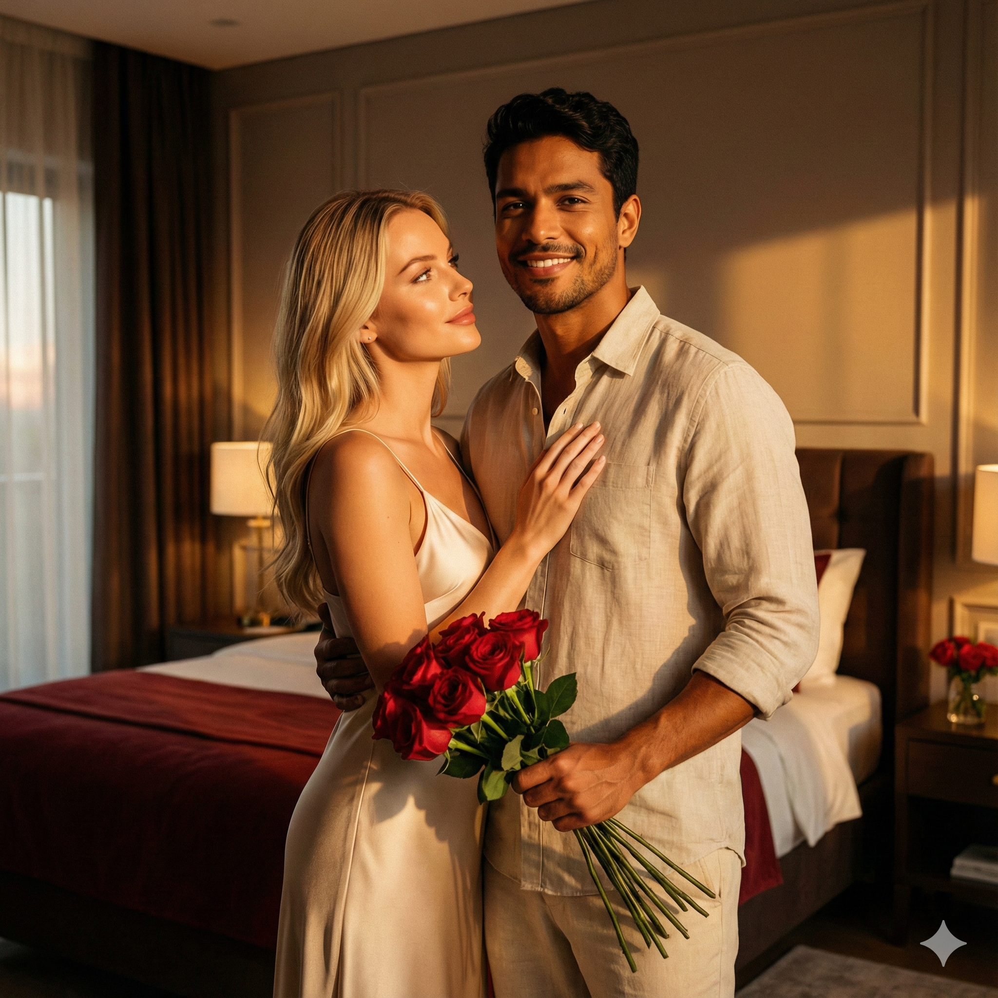 Mulher feliz com buquê em casa